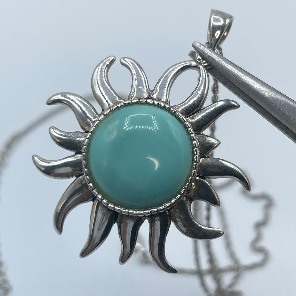 925 Sterling Silver Thailand Turquoise Howlite Gemstone Sun Pendant Necklace